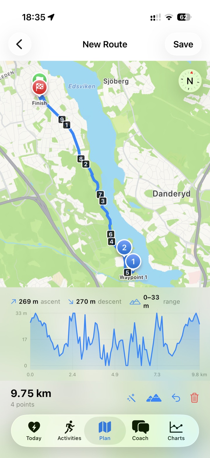 The route planner: a 9.75 kilometre route drawn on a map with numbered waypoints, and an elevation profile showing 269 metres of ascent below it.