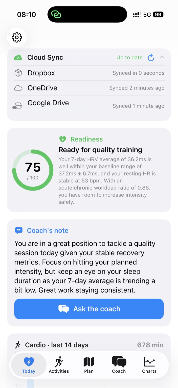 The Today screen: cloud sync listing Dropbox, OneDrive and Google Drive all up to date, a readiness score of 75 with an explanation of the underlying HRV and resting heart rate, and a coach's note below it.